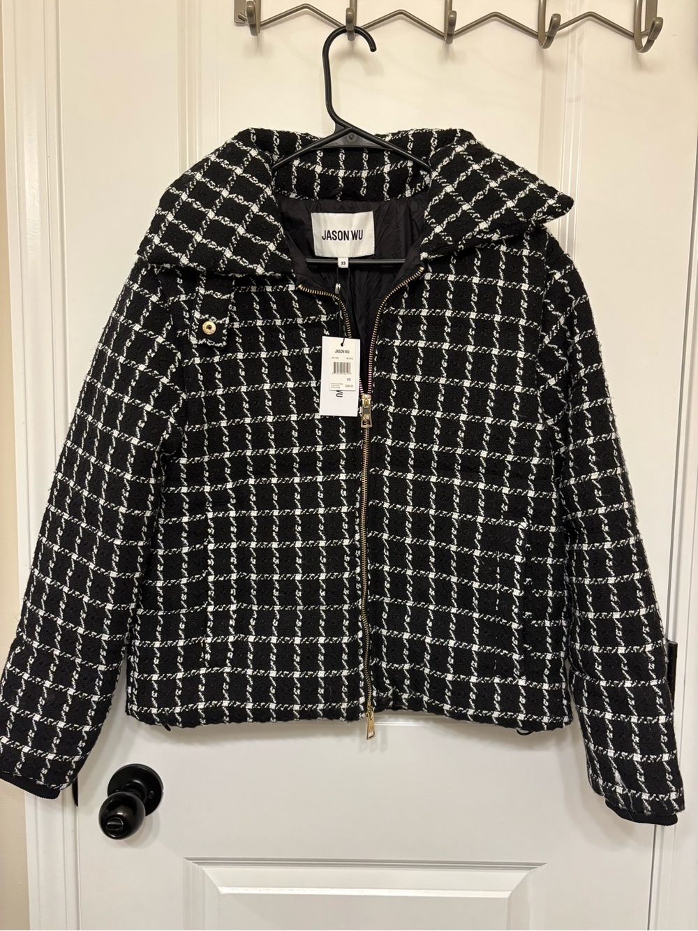 Jason Wu Black & White Tweed Zip-Front Pea Coat